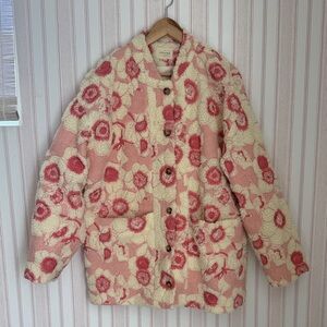 Sezane Pink & Cream Floral Sherpa Button-Front Jacket
